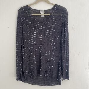 CHICOS Top Womens 1 Open Knit Sweater Sequin Gray LS Tunic Bling Cover Up V-Neck
